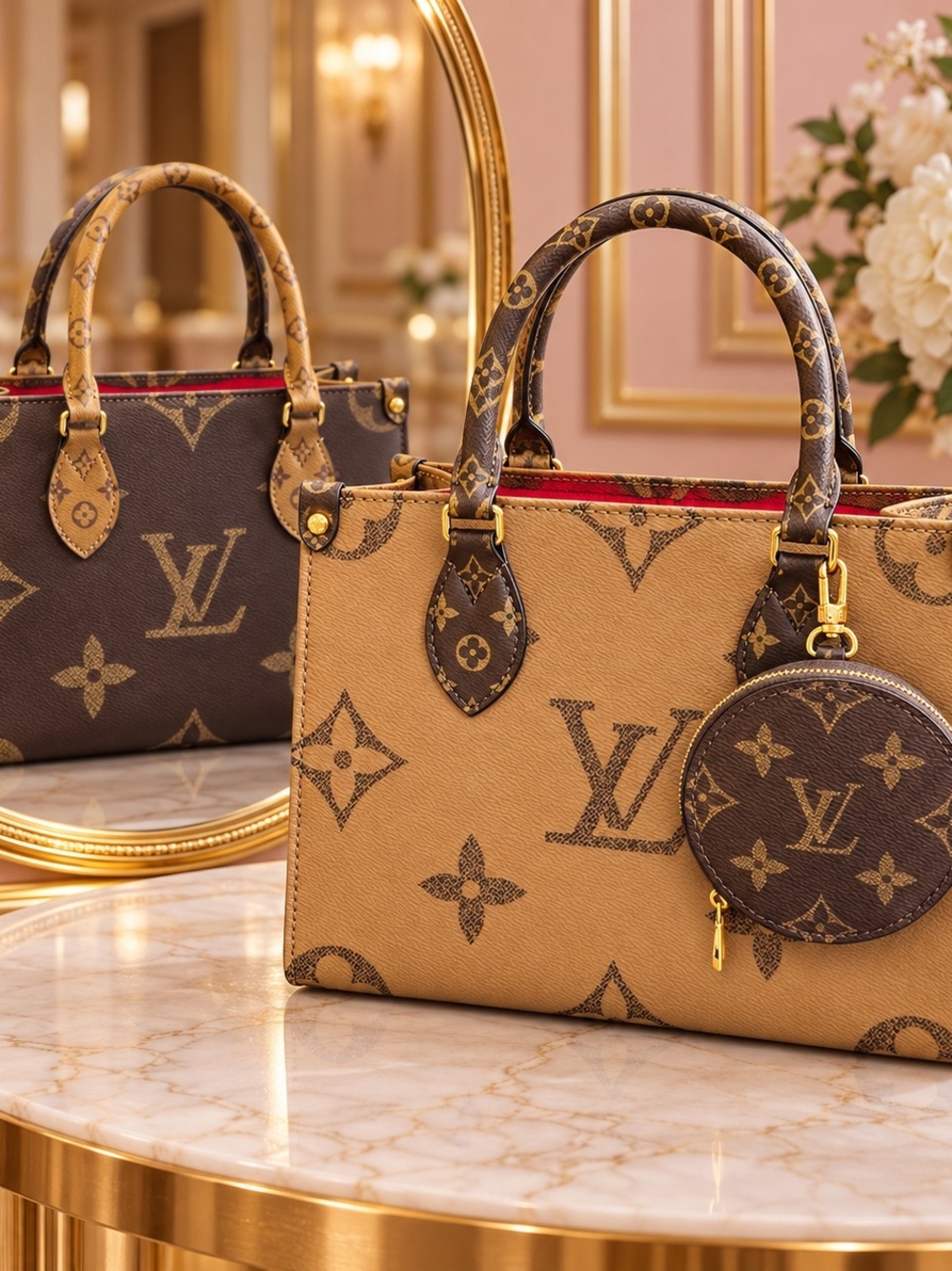 Two-Tone Brown & Beige Monogram Mini Satchel with Coin Pouch